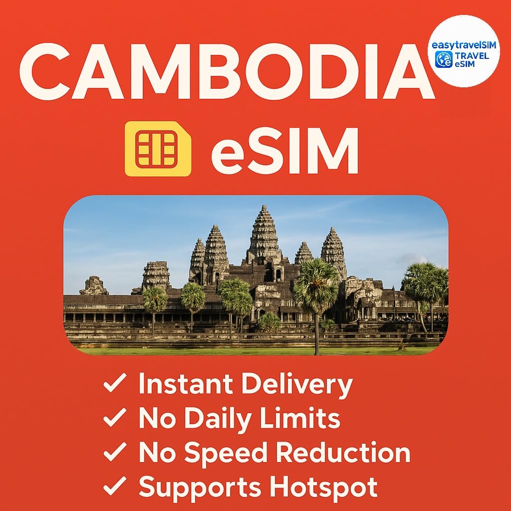 Cambodia eSIM High Speed Data Supports Hotspot 30 Days 3-20GB Email Delivery (20GB for 30 Days)