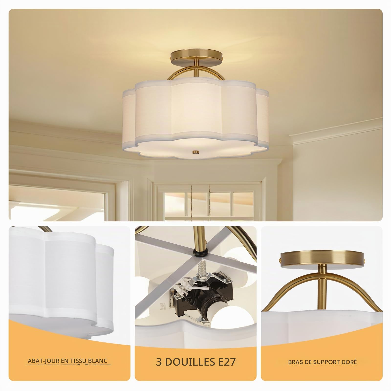 CALOKES Plafonnier à 3 lampes, Ø30 cm, avec abat-jour en tissu crème en forme de fleur et bras doré – pour chambre, cuisine, salon, couloir et entrée.