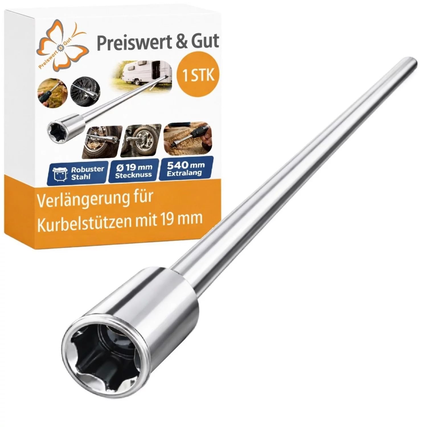 Wohnwagen Kurbel für Akkuschrauber Aufsatz stabile Stahl Verlängerung 54 cm mit 19 mm 6-Kant Nussadapter für Kurbelstützen Ausdrehstützen Steckstützen (2)