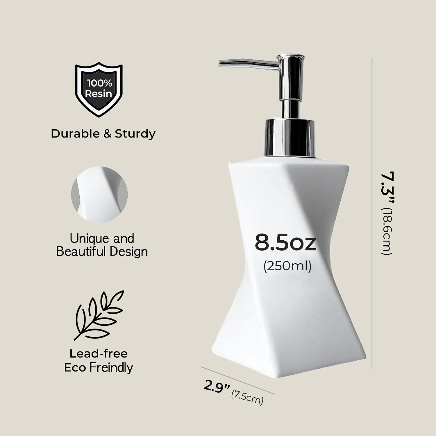 Modern White Soap Dispenser for Bathroom & Kitchen, 8.5oz | Modern Contemporary Art Style, Unique Twisted Design, Arctic White Matte Finish, Mid Century Decor