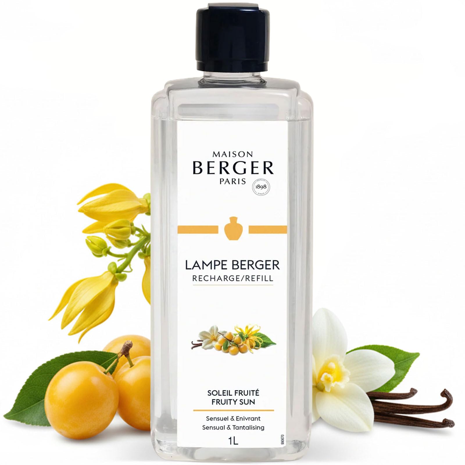 MAISON BERGER Fruity Sun Lamp Berger Fragrance Refill, 1 Liter – 2-in-1 Catalytic System, Neutralizes Odours Then Diffuses Fragrance, Lush Peach and Coconut with a Radiant Tropical Finish