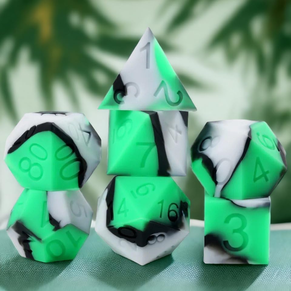 Juego de dados de silicona DND, Dungeons and Dragons D&D RPG - Dados de goma poliédrica con estuche transparente D20 D12 D10 D8 D6 D4 (verde y