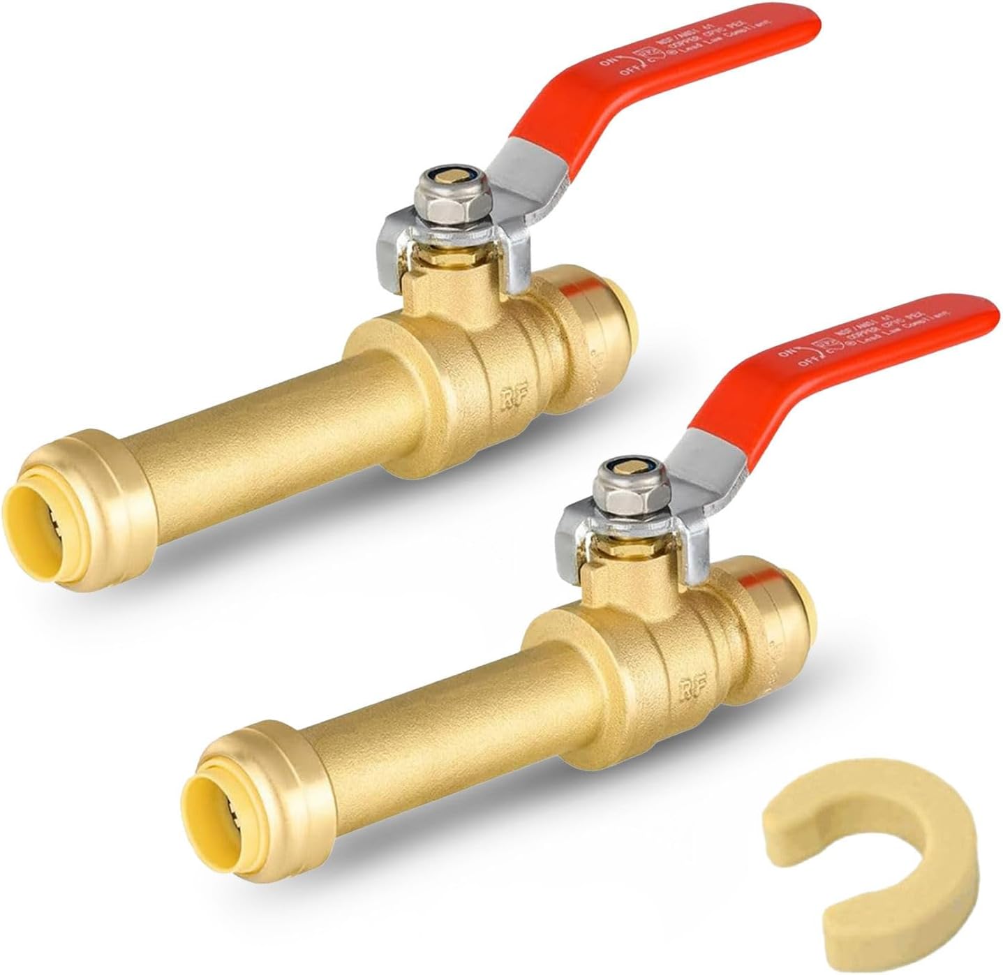 2-Pack Foskan Brass Push Fit Slip Ball Valve with Red Handle, 3/4" Push-to-Connect PEX Fittings with Disconnect Clip for PEX, Copper, and CPVC Pipe
