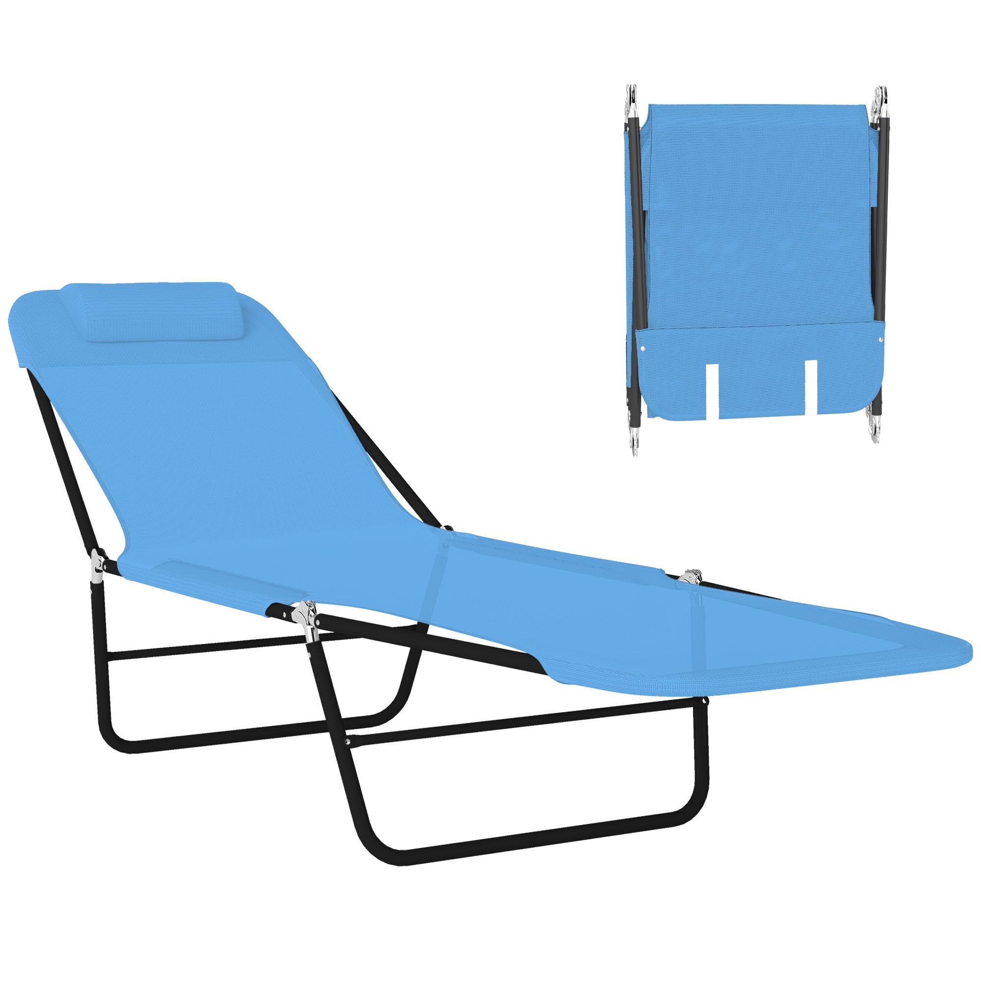 Outsunny Folding Chaise Lounge Chair in blue, fully extended with headrest.