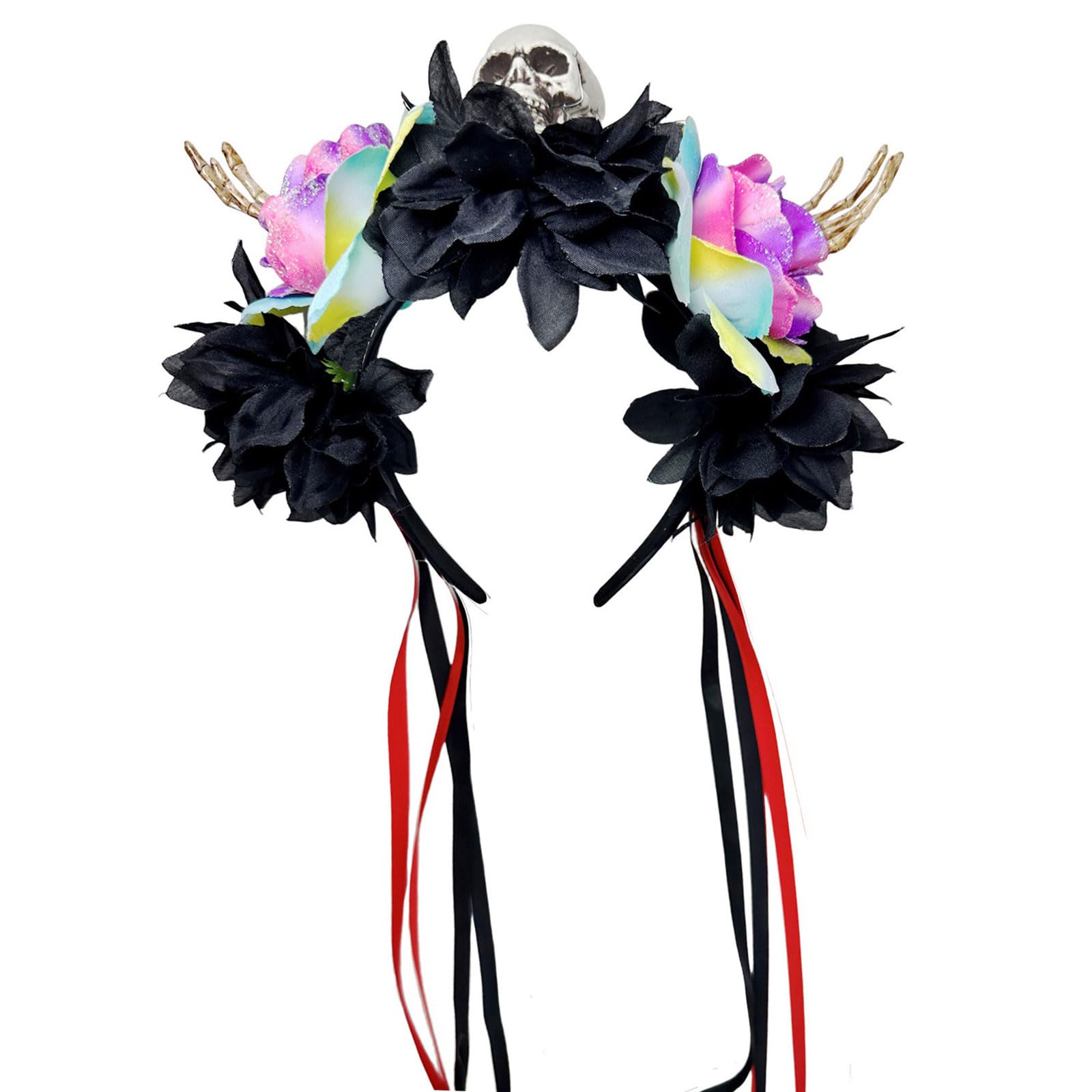 MICFENY Adjustable Skull Headpiece With Floral Skeleton Hands Halloween Hairband For Women Men Costume Accessories