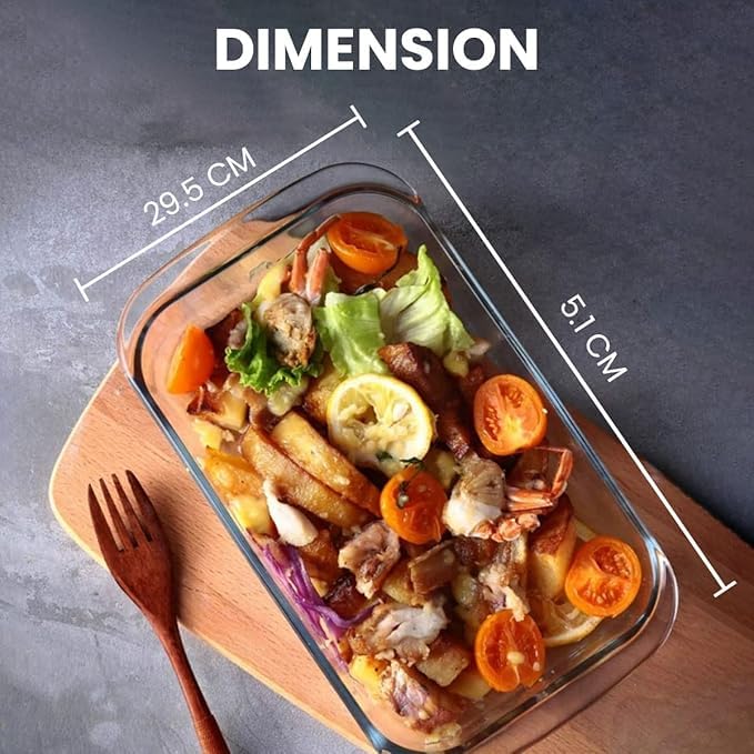 LEOMORD Borosilicate Glass Baking Tray for Kitchen, 1600 ml, Baking Dish, Serving Bowl, Oven & Microwave, Dishwasher and Freezer safe, Rectangle, Transparent, Glass Bowl Container 4