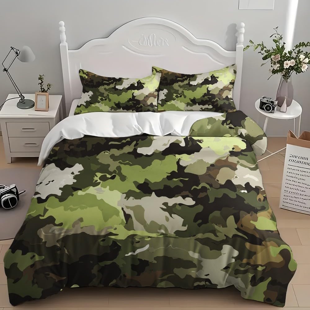 Copripiumino Matrimoniale Camuffare Traspirante in Microfibra Set di Biancheria da Letto Camuffamento Militare con Cerniera 3D Copripiumino 240x220 e 2 Federe b.4565