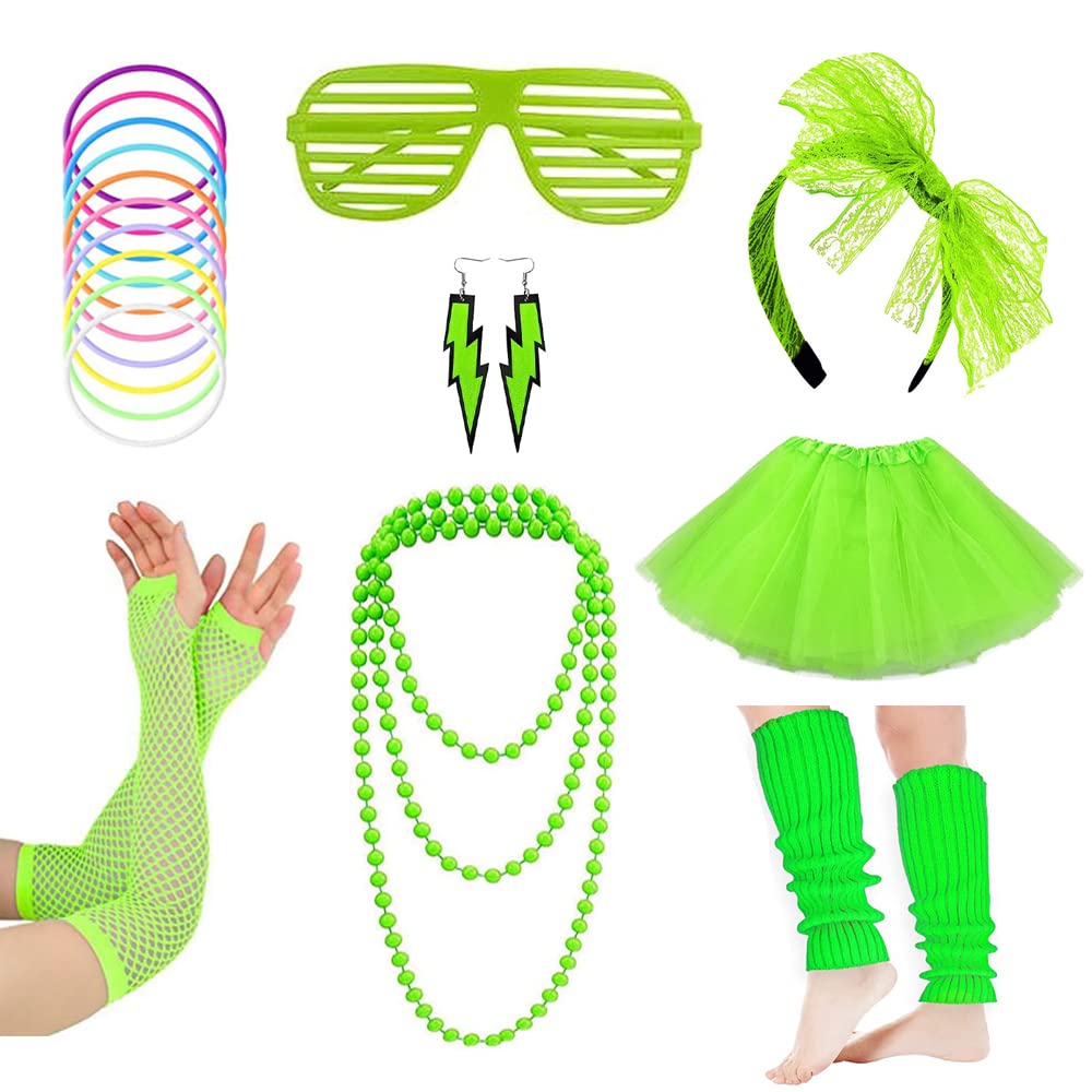80s Fancy Party Costume Accessories Set,Adult Tutu Leg Warmers Fishnet Pink Gloves Neon Necklaces Bead 80s Lace Bow Headband Lighting Earrings Sunglasses,1980s Fancy Dress Women Night Out Party