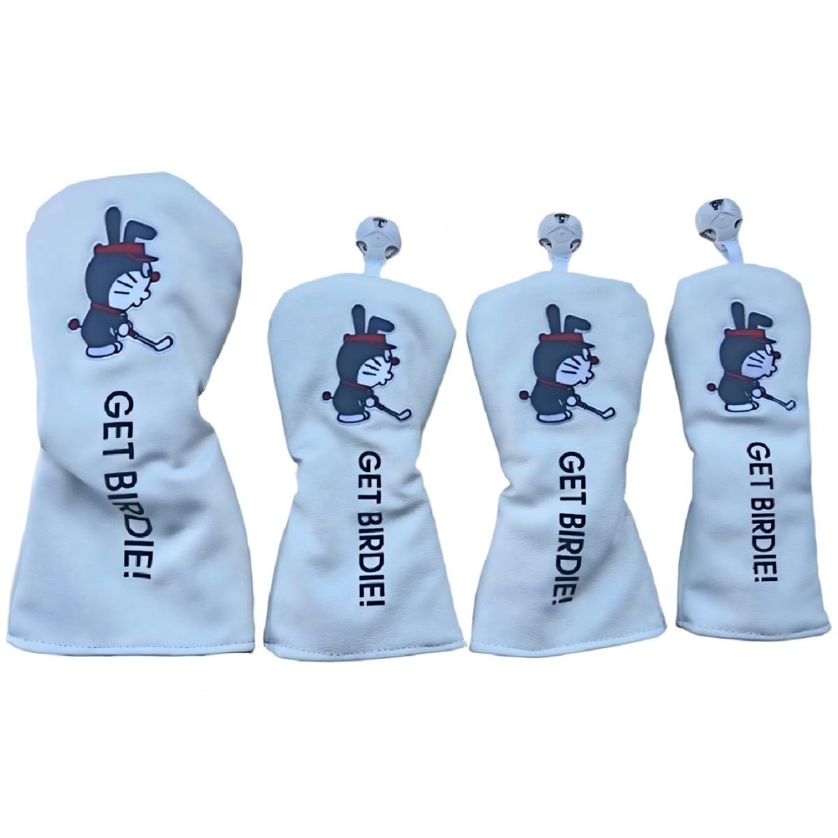 BADGEWOO GET BIRDIE! Set of 5, Golf Head Covers, Embroidered Design, PU Leather, Driver/Fairway Wood/Utility Compatible, U2-U6 Compatible, Conversion Dag Included (White 1.3.5. UT. 4 Piece Set) : Spor