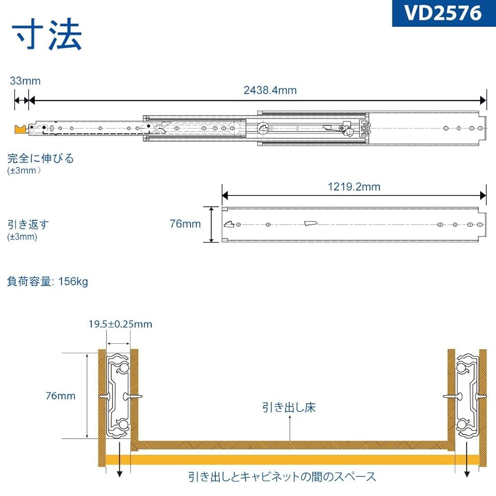 VADANIA ロック付き 超重量用スライドレール 1500mmVD2576左右 超重量用スライドレール ロック付き 幅76mm VD2576 左右1セット
