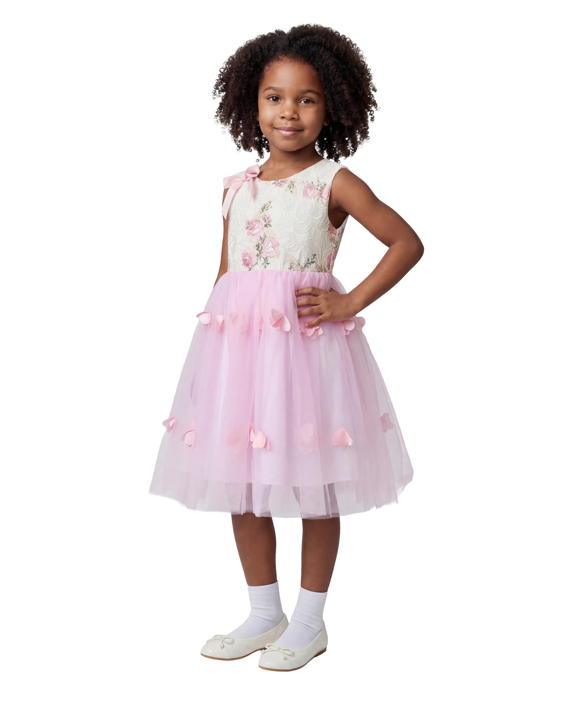 SIRRI Abito da Cerimonia Rosa in Tulle Floreale per Bambina con Dettagli a Petali e Fiocco sul Retro.