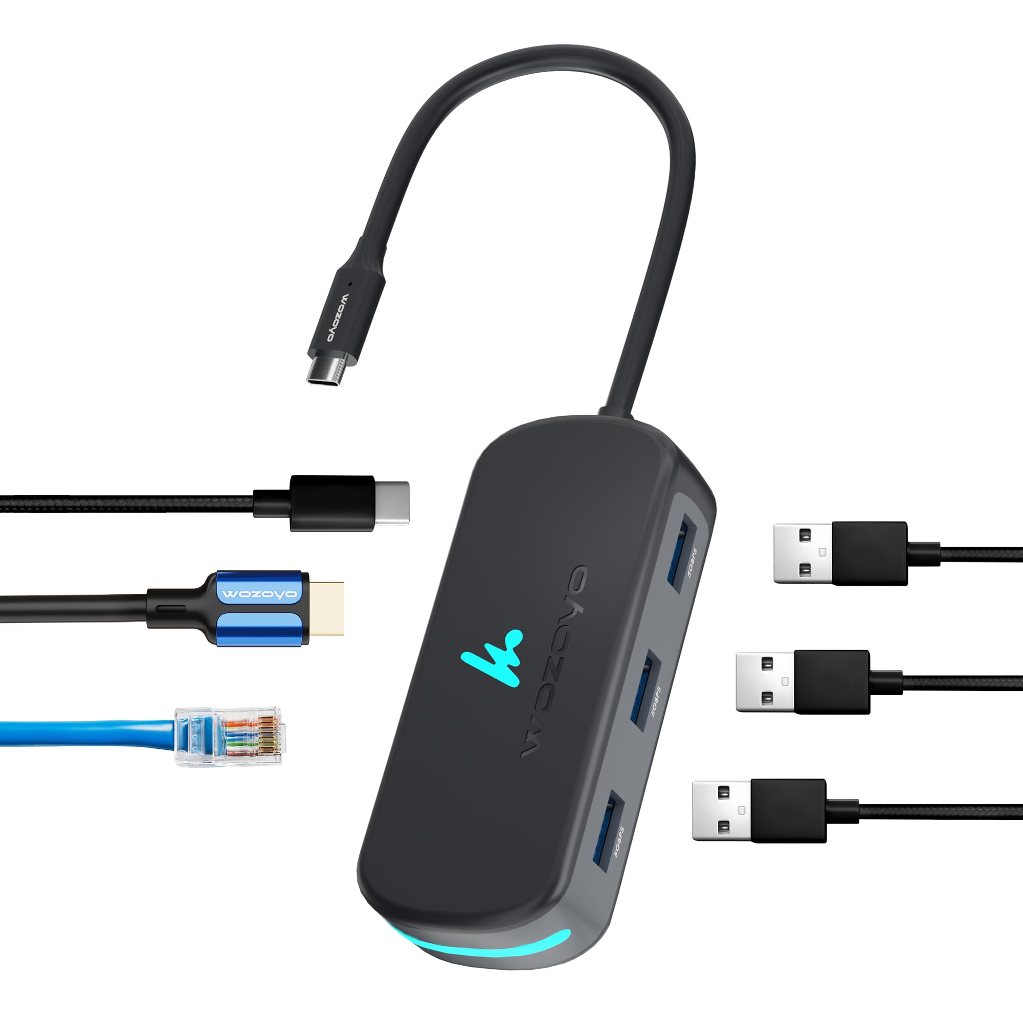 Wozoyo Type C 6 in 1 Wozoyo Docking Station with 3XUSB 5Gbps (3.2 Gen 1), 4K@60Hz HDMI, 1Gbps Ethernet & PD 100W, USB-C Hub, Thunderbolt 4 Compatible, Compatibility with macOS, Windows, Android & iOS