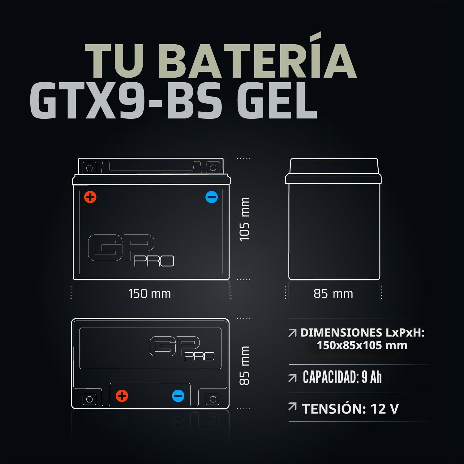 GP-PRO GTX9-BS - Batería de arranque para scooter y motos, 12V, 9Ah, parecido a YTX9-BS / 50812, sin necesidad de mantenimiento