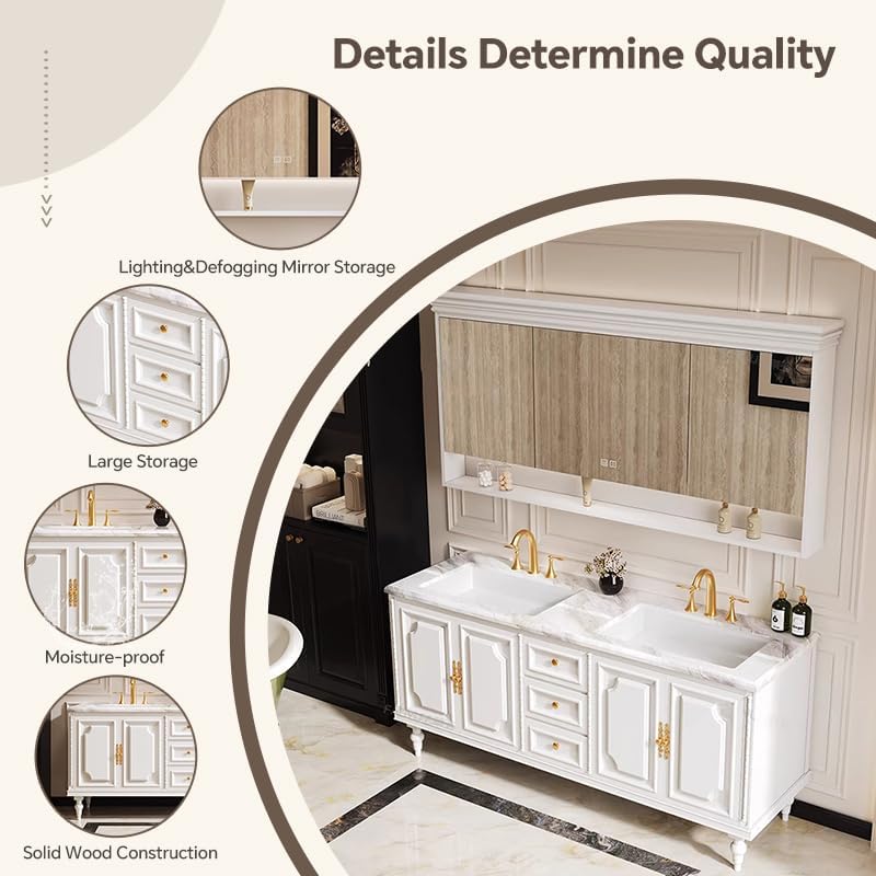 Bathroom Vanity with Single/Double Sink,Smart Defogging Mirror and Cabinet,48-92IN French Elegant Style Solid Wood Floor Standing Vanity (76" Single Sink, Vanity&Mirror Storage)