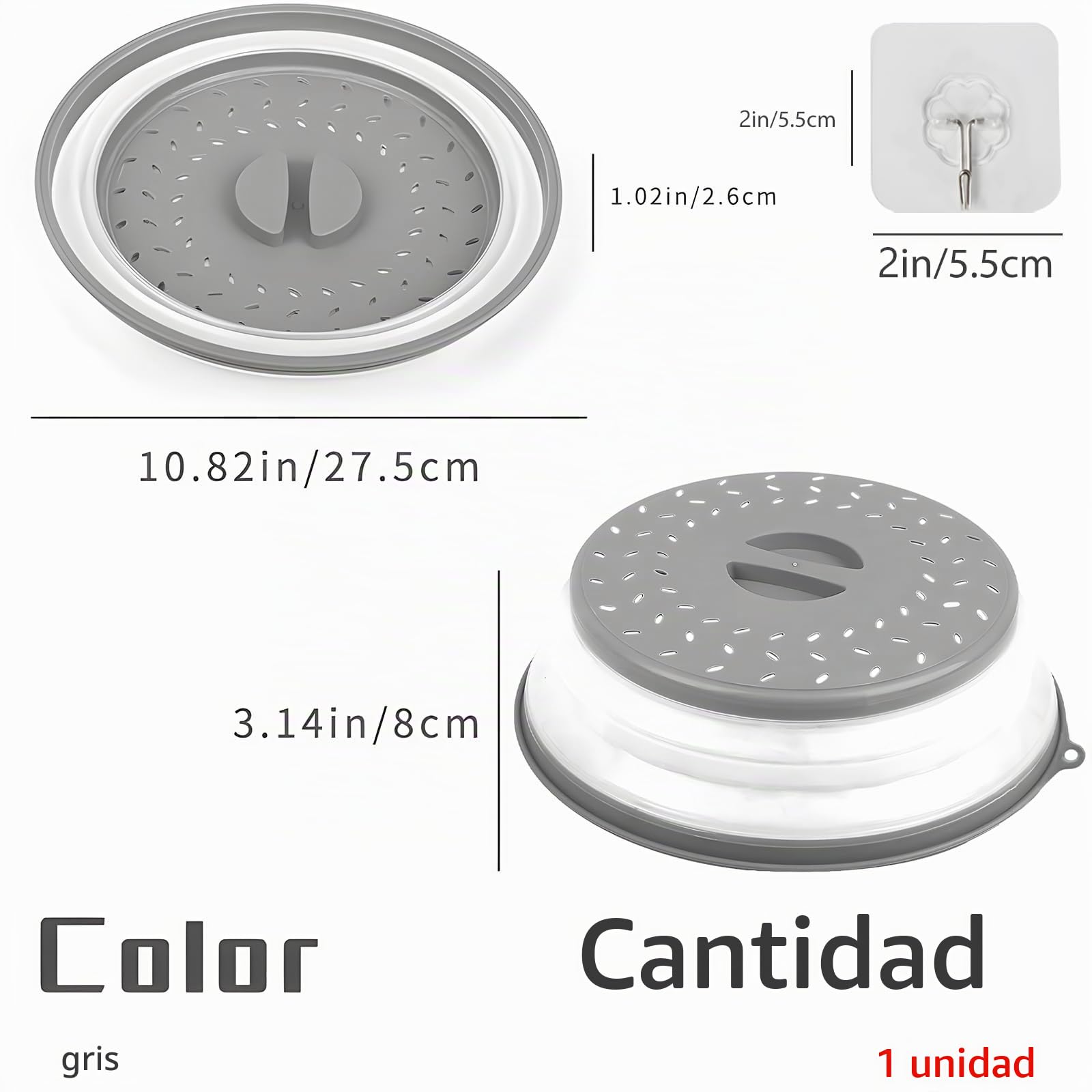 Tapa Microondas Plegable, Libre BPA, Con Asa y Ventilación, Plástico Gris