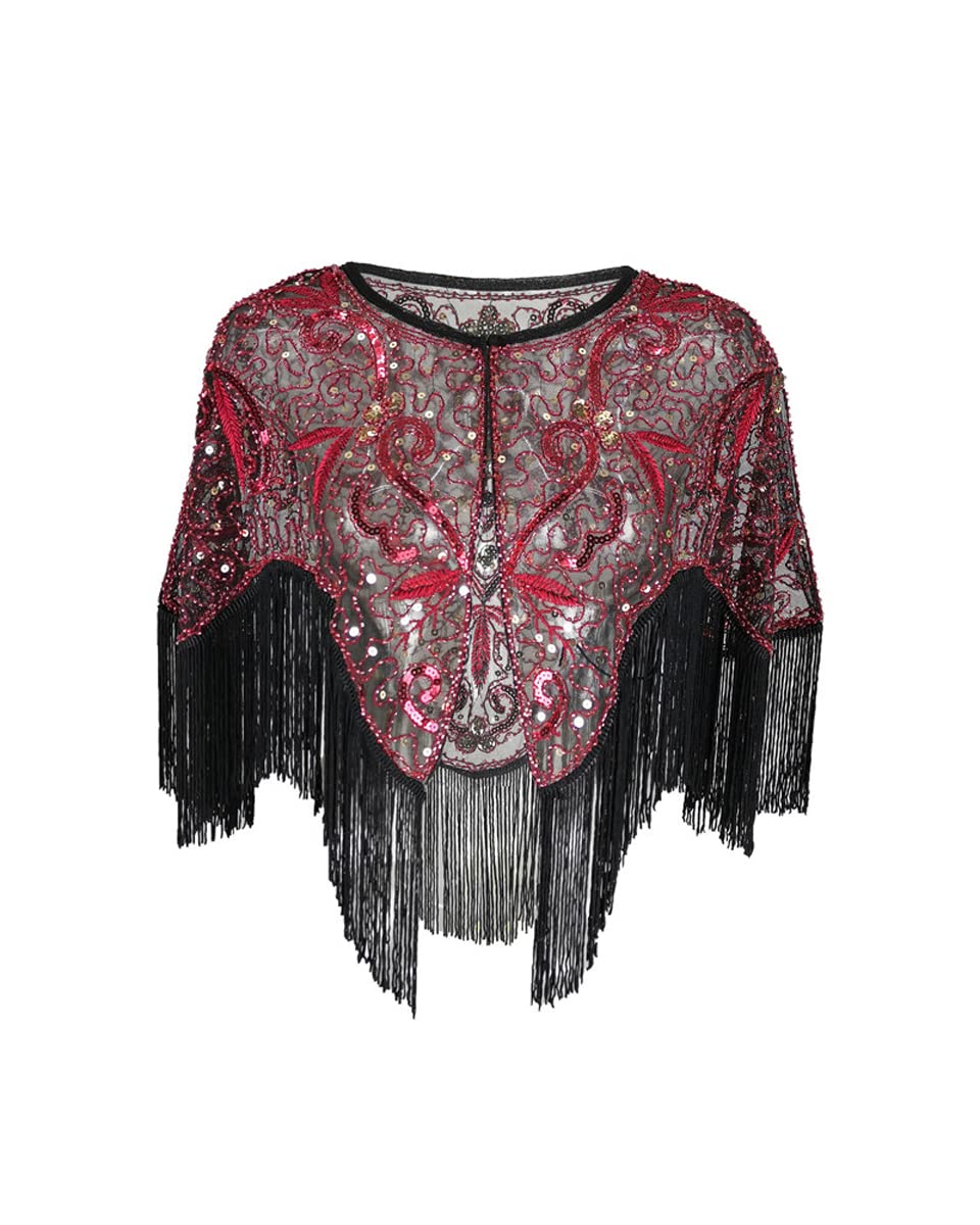 Grouptap 1920s Lace shawl gatsby bolero sequin shrug wrap cape for girls women flapper art deco evening costume (One Size) (Red)