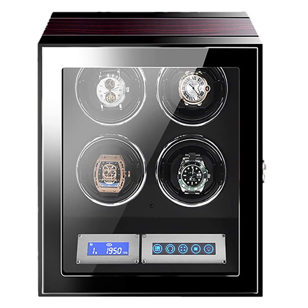 Scatola Carica Orologi Automatica per 9, 12 E 24 Orologi, Scatola Rotante per Orologi A Carica Automatica con Schermo LCD E Telecomando, Serratura A Impronta Digital(Venatura D'Ebano-4+0)