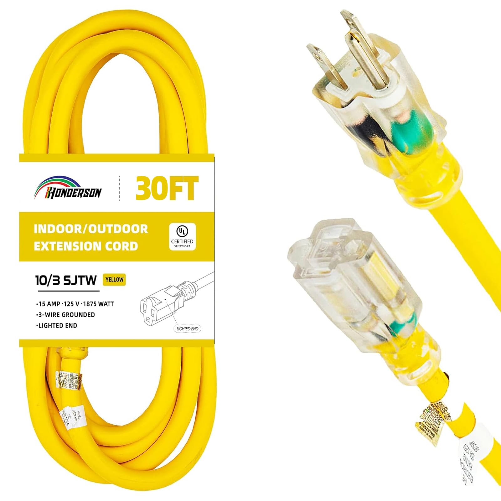30FT Lighted Outdoor Extension Cord - 10/3 SJTW Heavy Duty Yellow Extension Cable with 3 Prong Grounded Plug for Safety,UL Listed