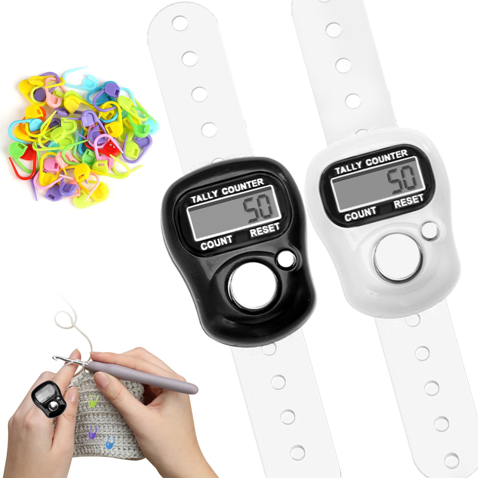 2 Piezas Contadores de Dedos Electrónicos, Mini Contador de Mano, Contadores de Mano Digitales y 50 Marcadores de Puntadas para Tejer, Crochet, Contador de Dedos para Deportes