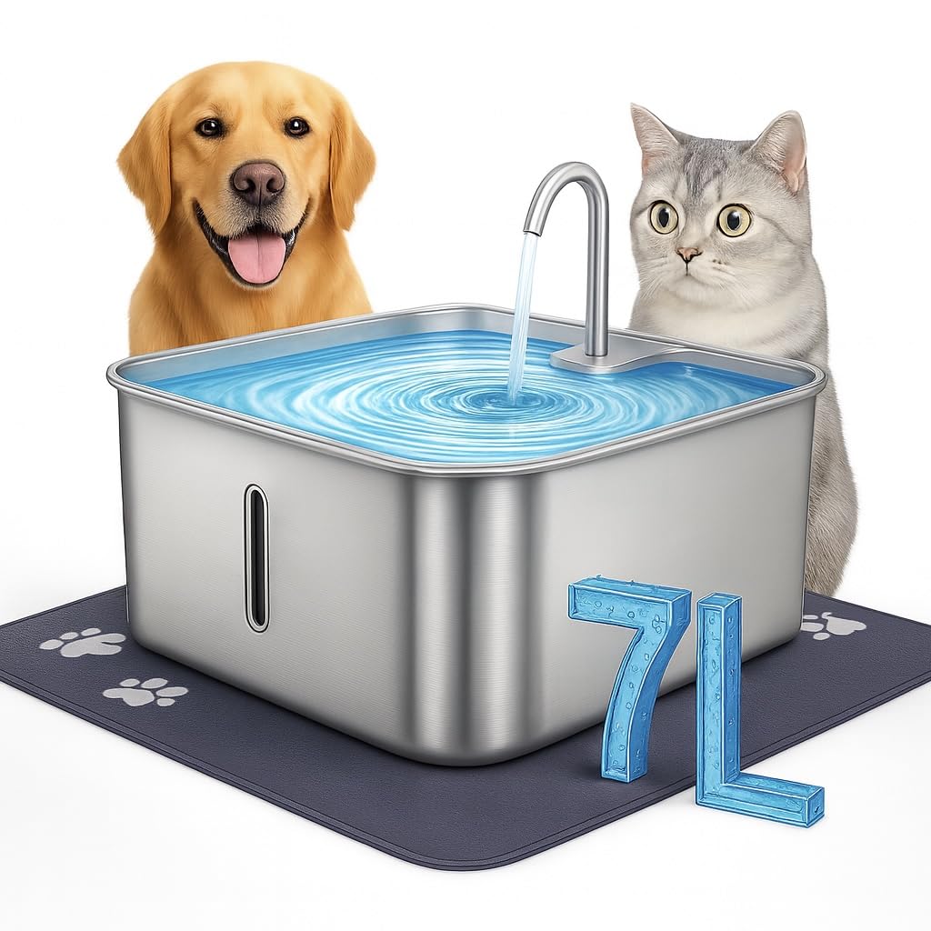 RMH 7L Stainless Steel Dog & Cat Water Fountain with Large Waterproof Mat – Automatic Pet Drinking Fountain for Large Dogs & Multi-Pet Homes, Quiet Pump, 3-Stage Filtration, LED Water Window