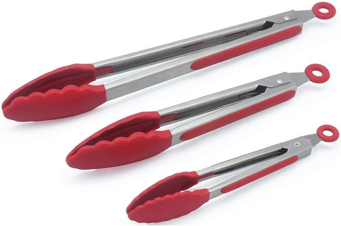 Grill Tech Kitchen Tongs Set 3 - 7, 9, 12 Inch Heavy Duty Non Stick Long Lasting Stainless Steel Food Tongs With Improved Silicone Rubber Tip for Cooking -BBQ-Extra Grip with Lock 1 set (Red)