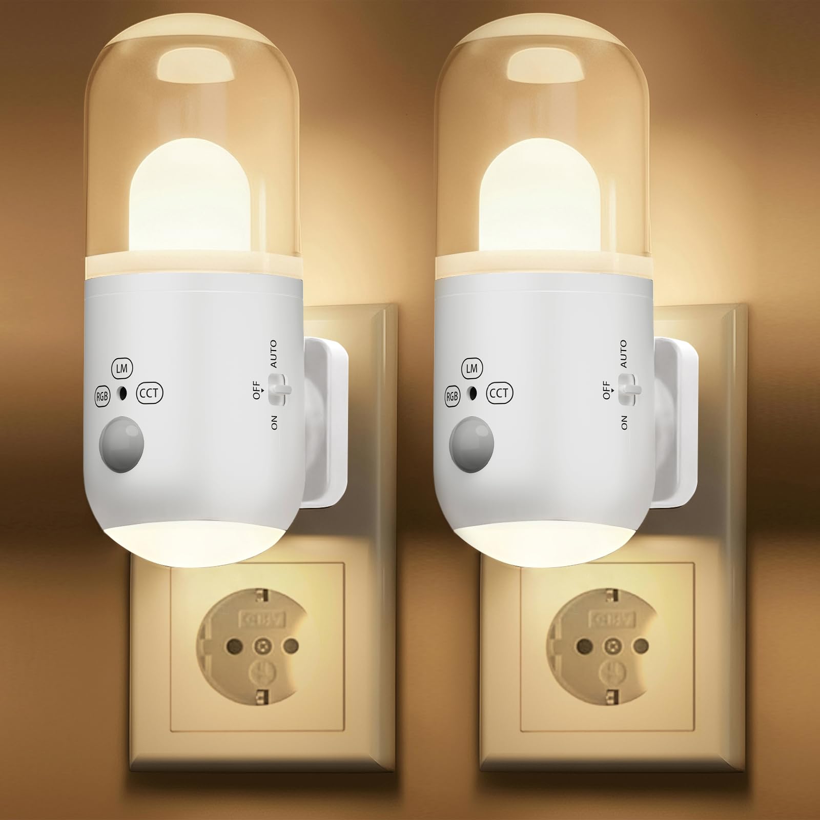 SuglanBee Nachtlicht Steckdose mit Bewegungsmelder & Dämmerungssensor,3 Farbtemperaturen，RGB 8 Modi,5 Helligkeitsstufen (20-240 LM) für Flur Treppe Schlafzimmer Wohnzimmer (Weiß 2 Stück)