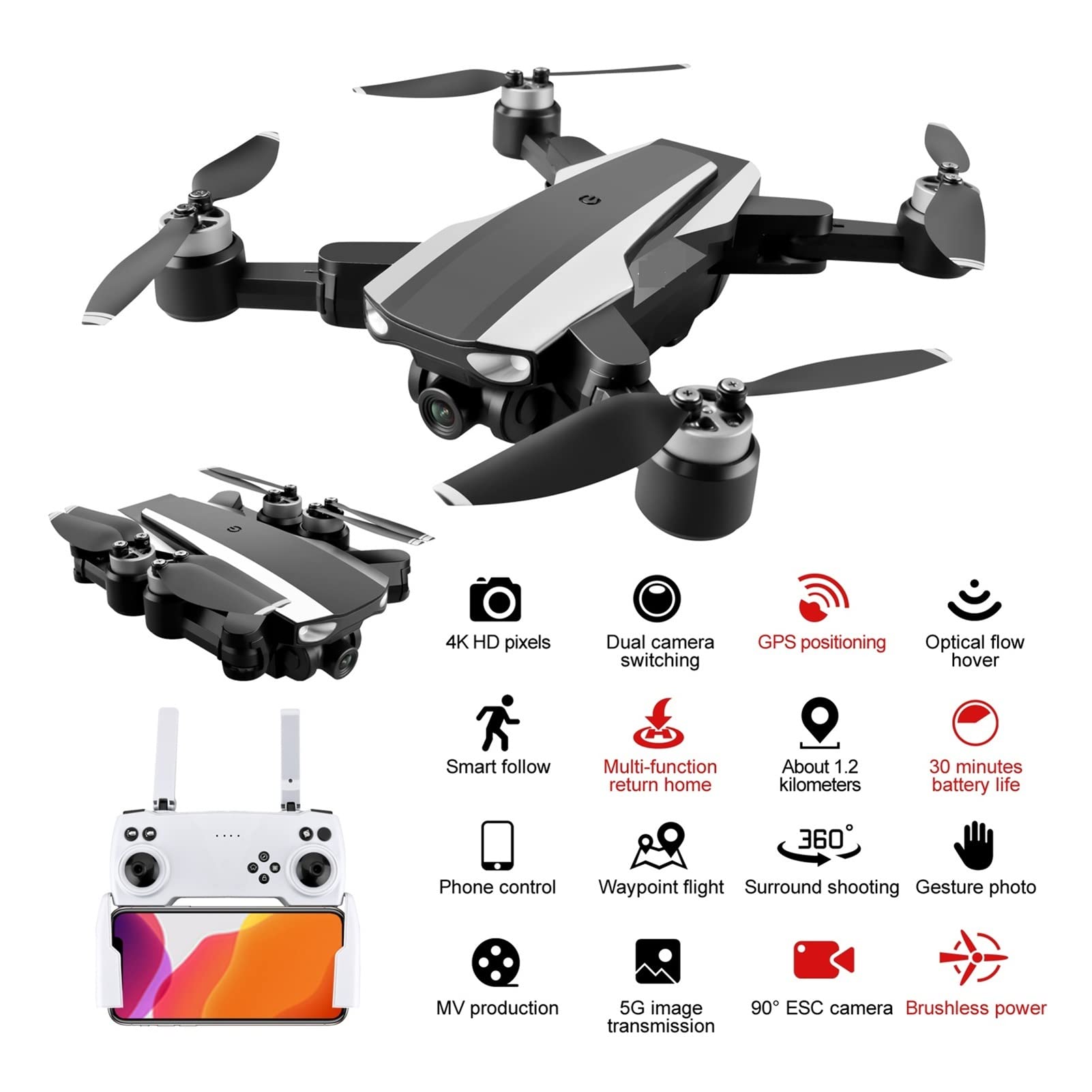 Składany dron Quadcopter 4K HD Podwójna kamera z GPS 5G WiFi FPV Transmisja w czasie rzeczywistym Bezszczotkowy silnik Rc Odległość 2 km Profesjonalna zabawka drona (Kolor: Rozmiar torby 4K: 1)