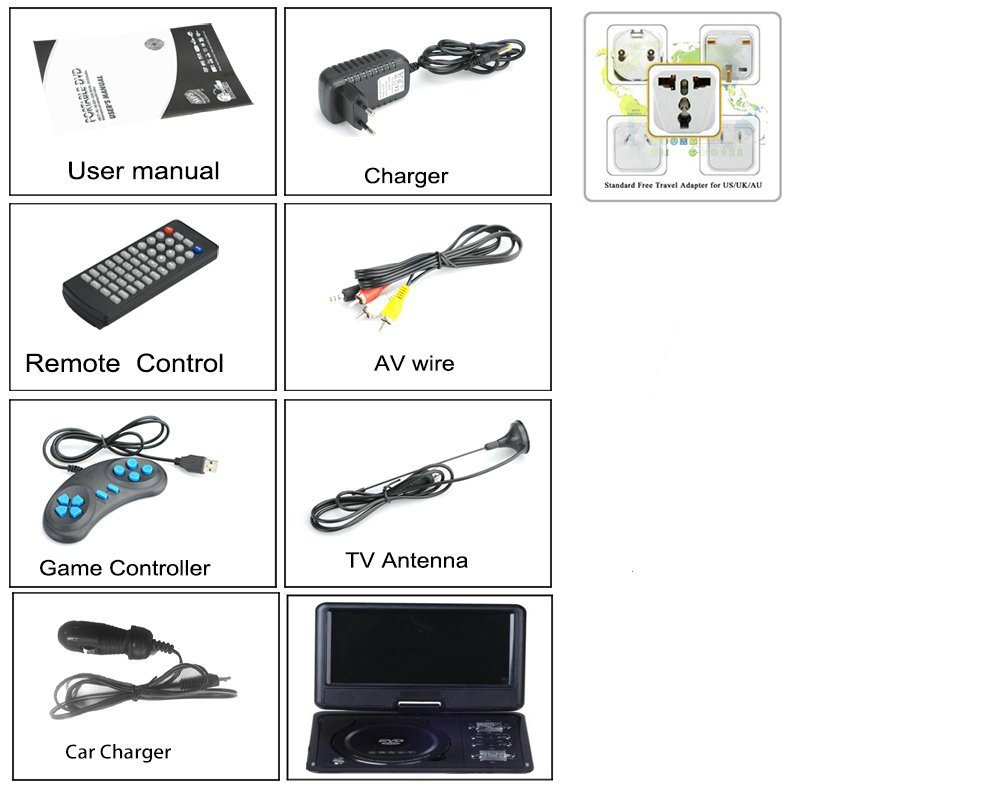 Bw 22,9 cm 270 degrés écran pivotant lecteur de DVD – Résolution 1280 x 800, région gratuit, TV + Radio FM, jeu, Émulation