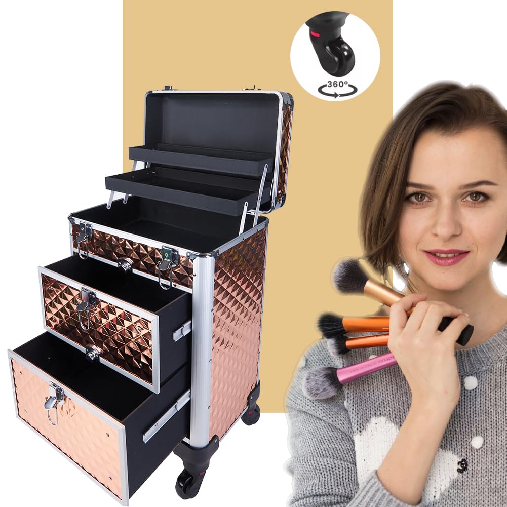 BAKAJI Maleta de maquillaje profesional, neceser esteticista portátil, maletín porta maquillaje con textura oleográfica triangular y ruedas desmontables, maletín organizador maquillaje viaje, dorado,