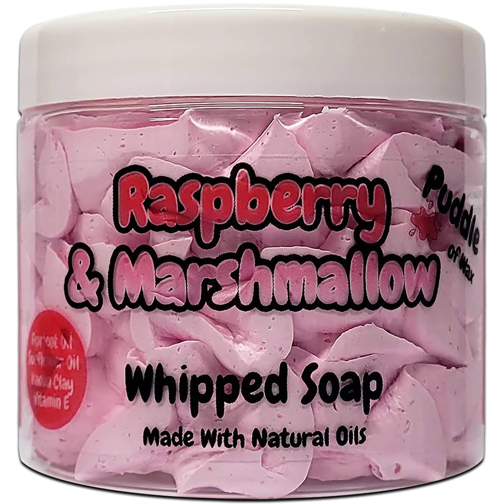 Raspberry & Marshmallow Whipped Soap Body Wash, 150g, Natural Oils & Kaolin Clay, Fruity Scent, Vegan Friendly, Puddle of Wax
