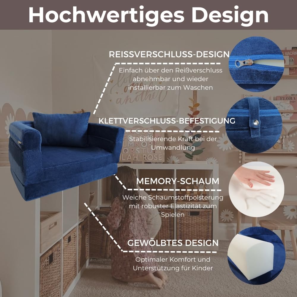 Wonder Space Vor-montiertes Kinder Schaumsofa mit Decke & Kissen, Kleinkind 3-in-1 Konvertierbares Sofa, Innen Zusammenklappbarer Lounger Stuhl & Klappbares Bodenbett für Jungen & Mädchen (Marine)
