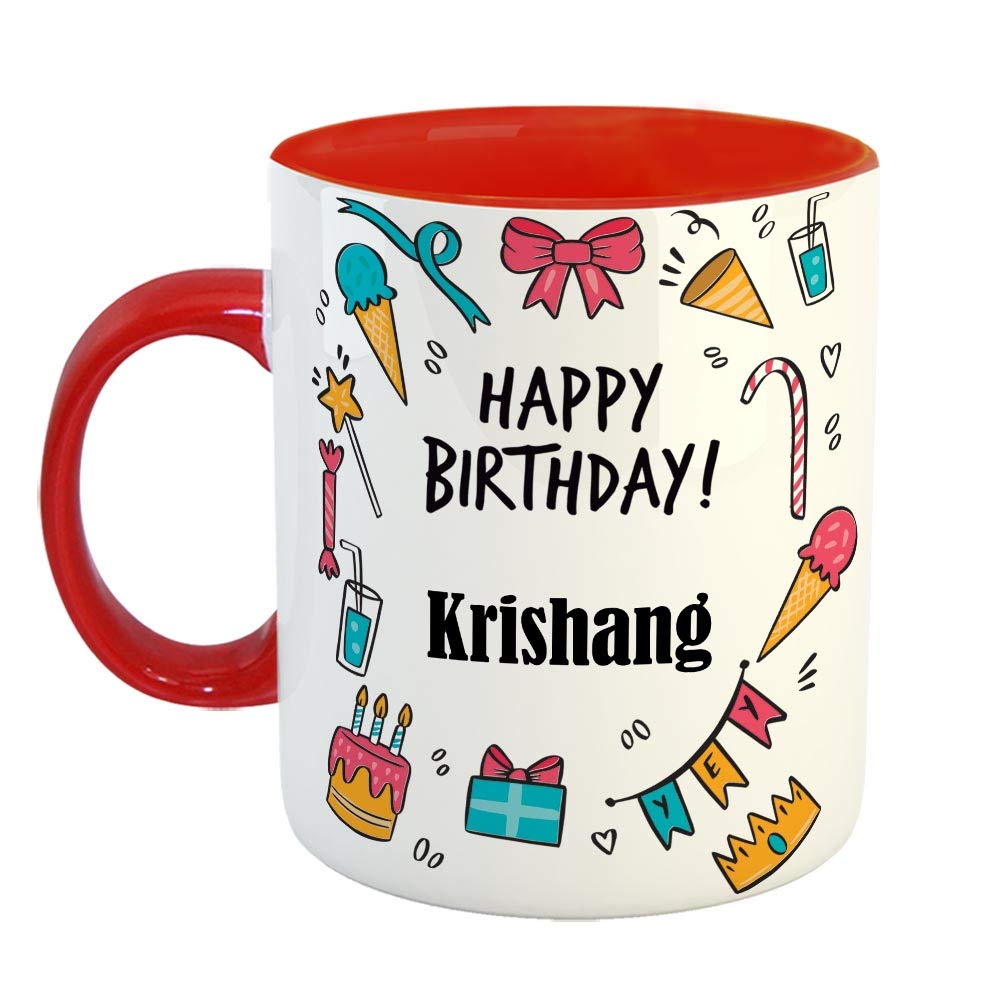 FurnishFantasy Ceramic Coffee Mug - Best Gift for Happy Birthday Mug , Color - Red, Name - Krishang