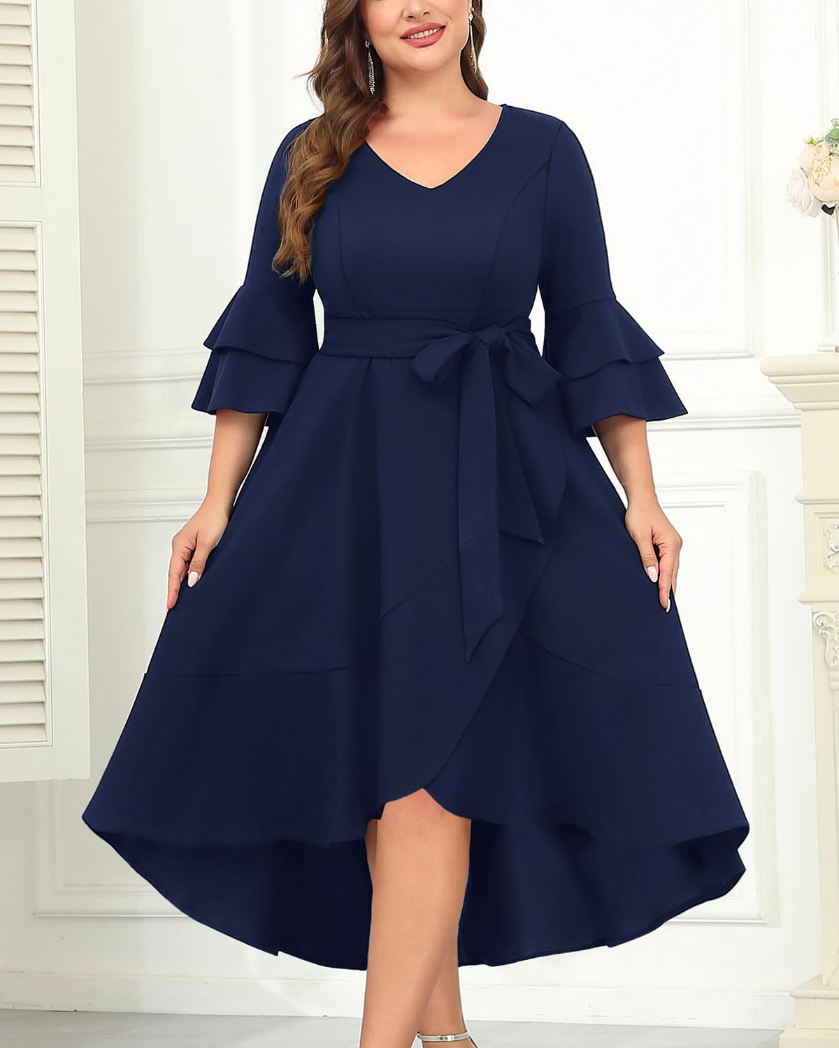 Plus Size Wedding Guest Dress - Semi Formal Double Bell Sleeve V Neck High Low Split Ruffle Cocktail Dresses with Belt - Image 4