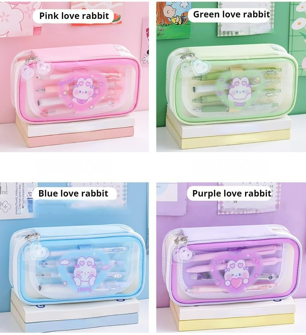 Cute Pencil Case Multilayer Large Capacity Pen Bag Rabbit Kawaii Pen Case Pencil Pouch Gift (Blue)