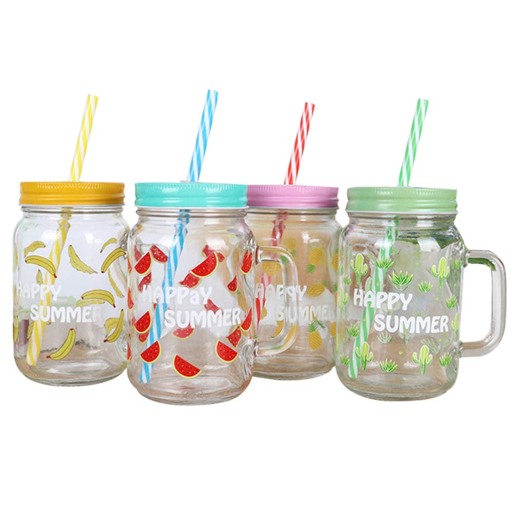 HEMOTON Drinking Jars Mason Jar Mugs with Handle and Straws Drinking Glass for Juicing Tea Milk Beve