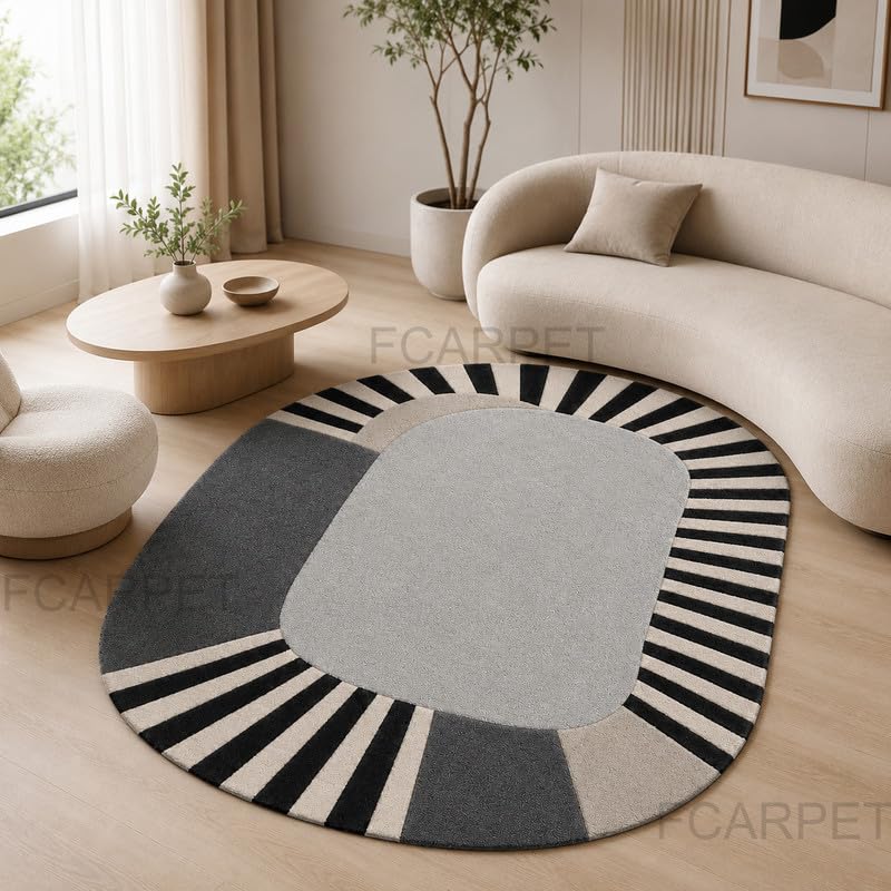 Image of Oval Carpet with Geometric Stripe Border Luxury Wool (Multicolor 12 x 15 feet)
