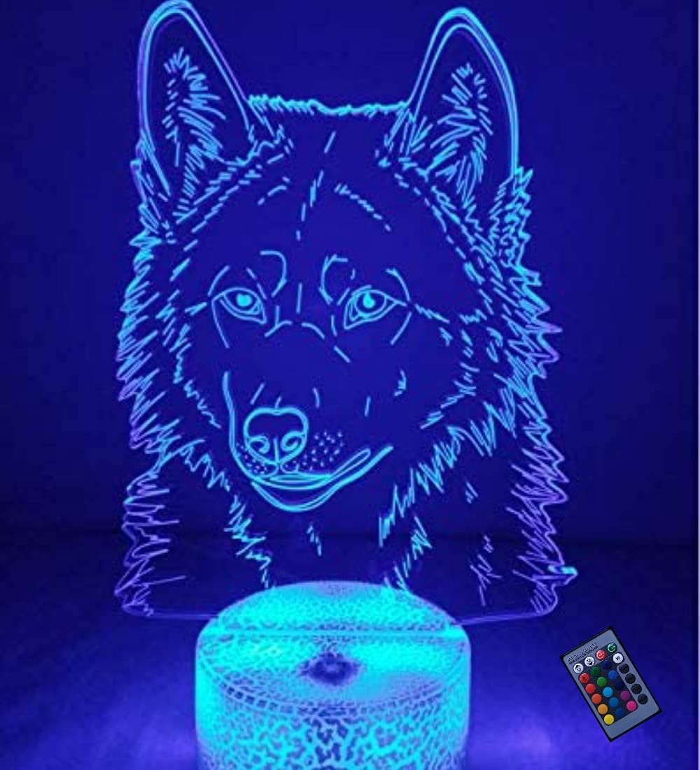Creative 3 D Wolf Night Light 16 Colours Different Remote Control USB Power Touch Switch Decor Lamp Optical Illusion Lamp LED Lamp Table Children Brithday Christmas Gifts [Energy Class D]