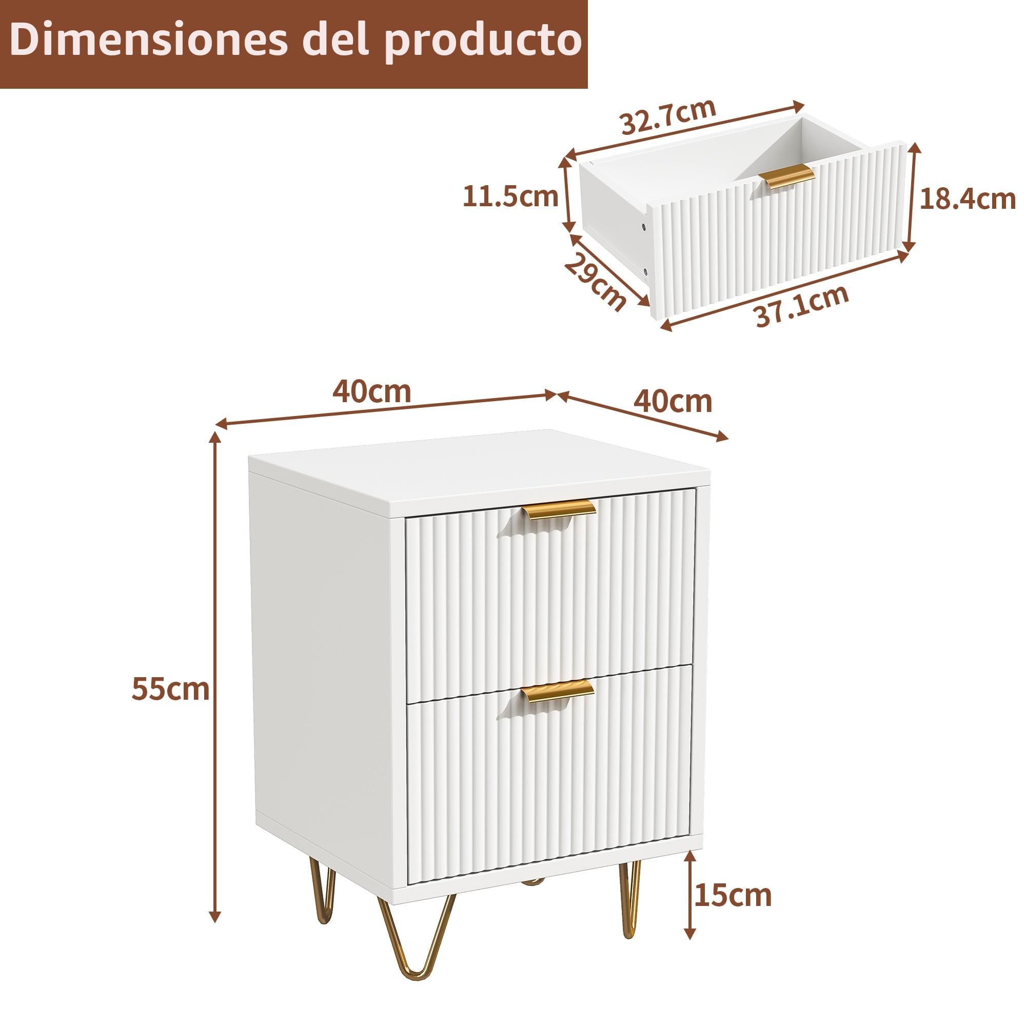 Juego de 2 mesitas de Noche, mesas Bajas con 2 cajones, Mesa Auxiliar con Patas y Asas Doradas, tocador Acanalado con diseño de Ola y cómoda Moderna, Mueble de Almacenamiento (Blanco, 40 x 40 x 55)