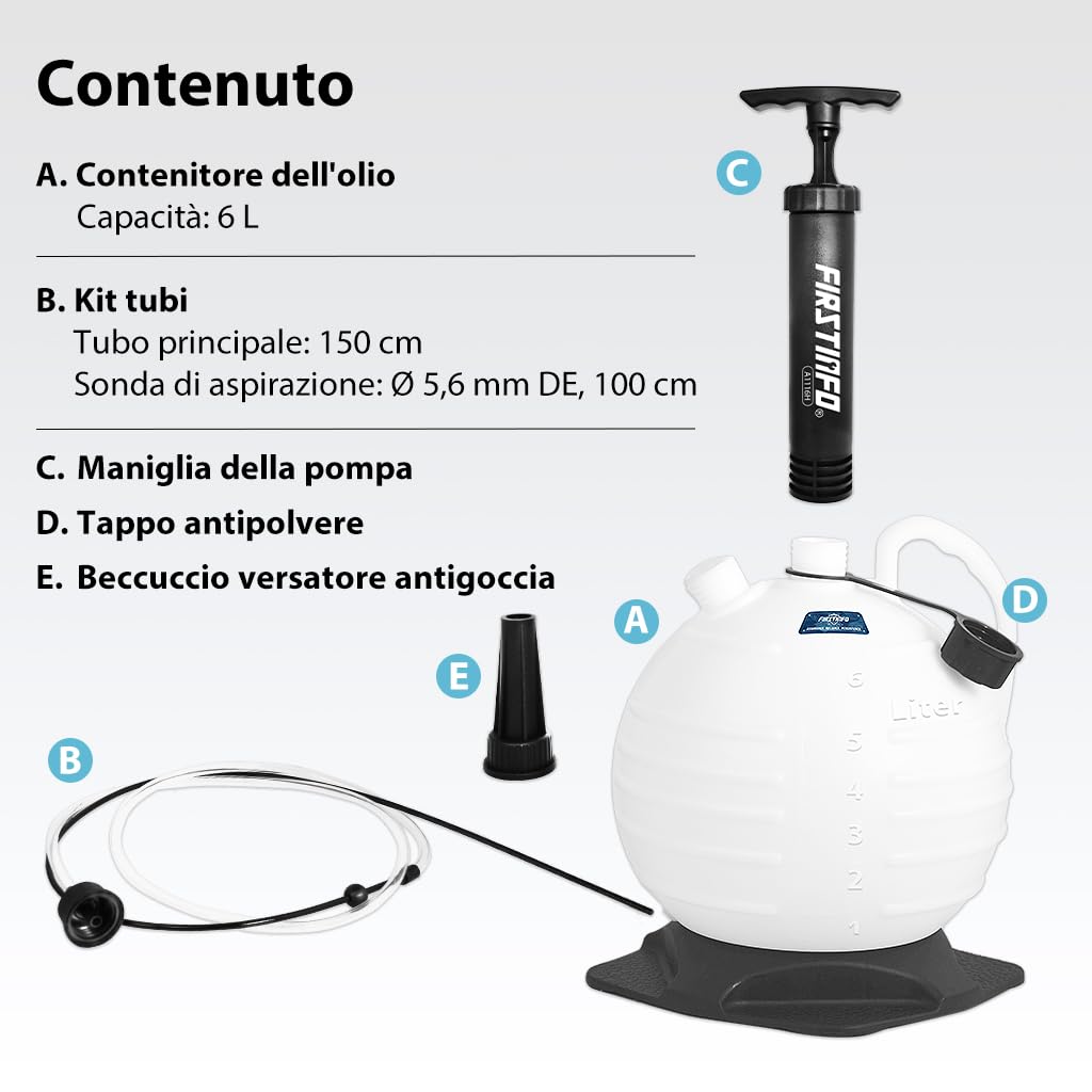 FIRSTINFO A1116H | 6L | Manuale | Pompa estrattore liquidi olio | Pompa aspirazione olio | per auto, moto, motori