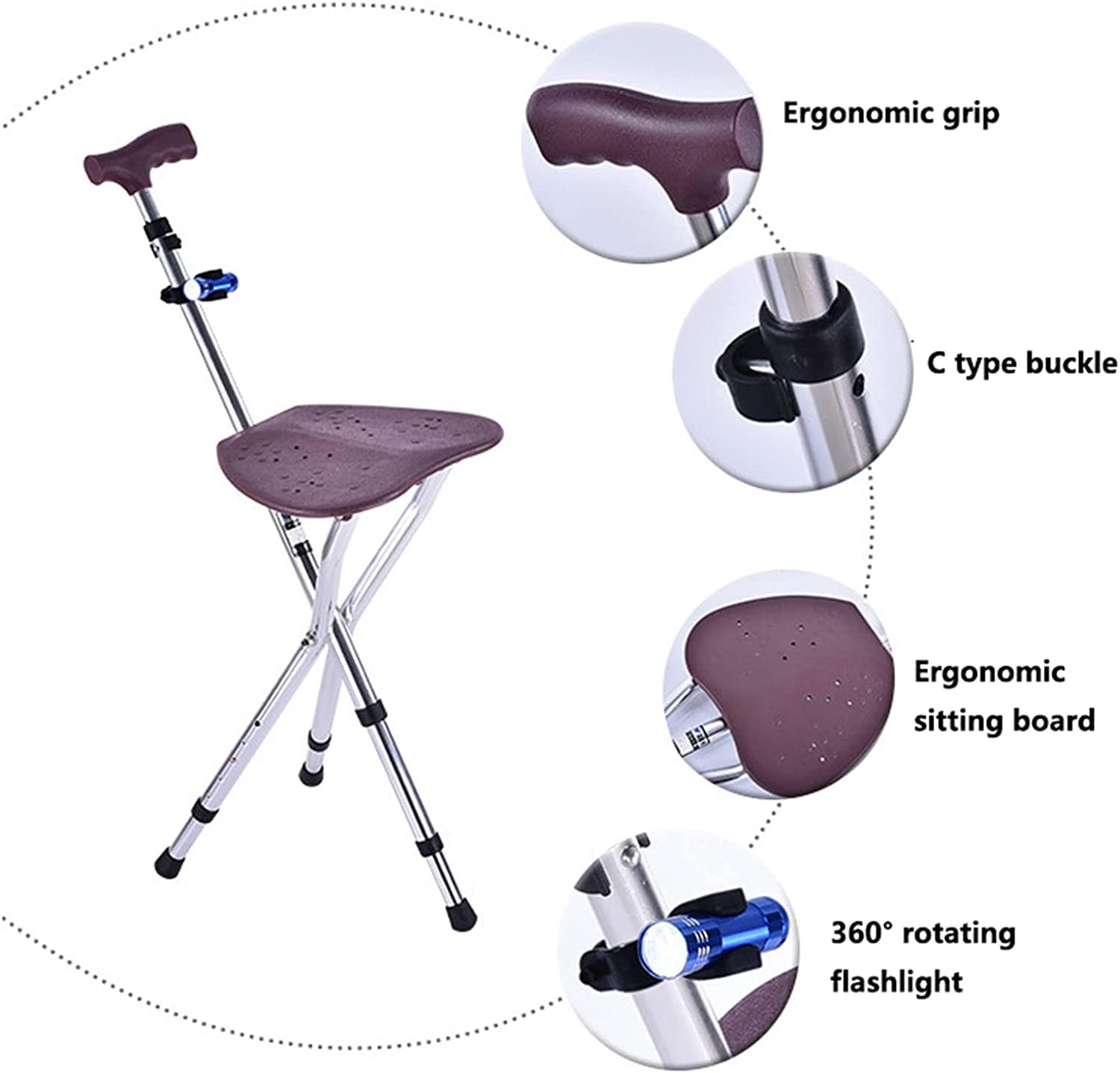 Stampelle da passeggio Sedia pieghevole per anziani Bastone da passeggio treppiede in alluminio leggero con sedile Sgabello stampella regolabile antiscivolo per adulti Uomini Donne Ausilio per la de