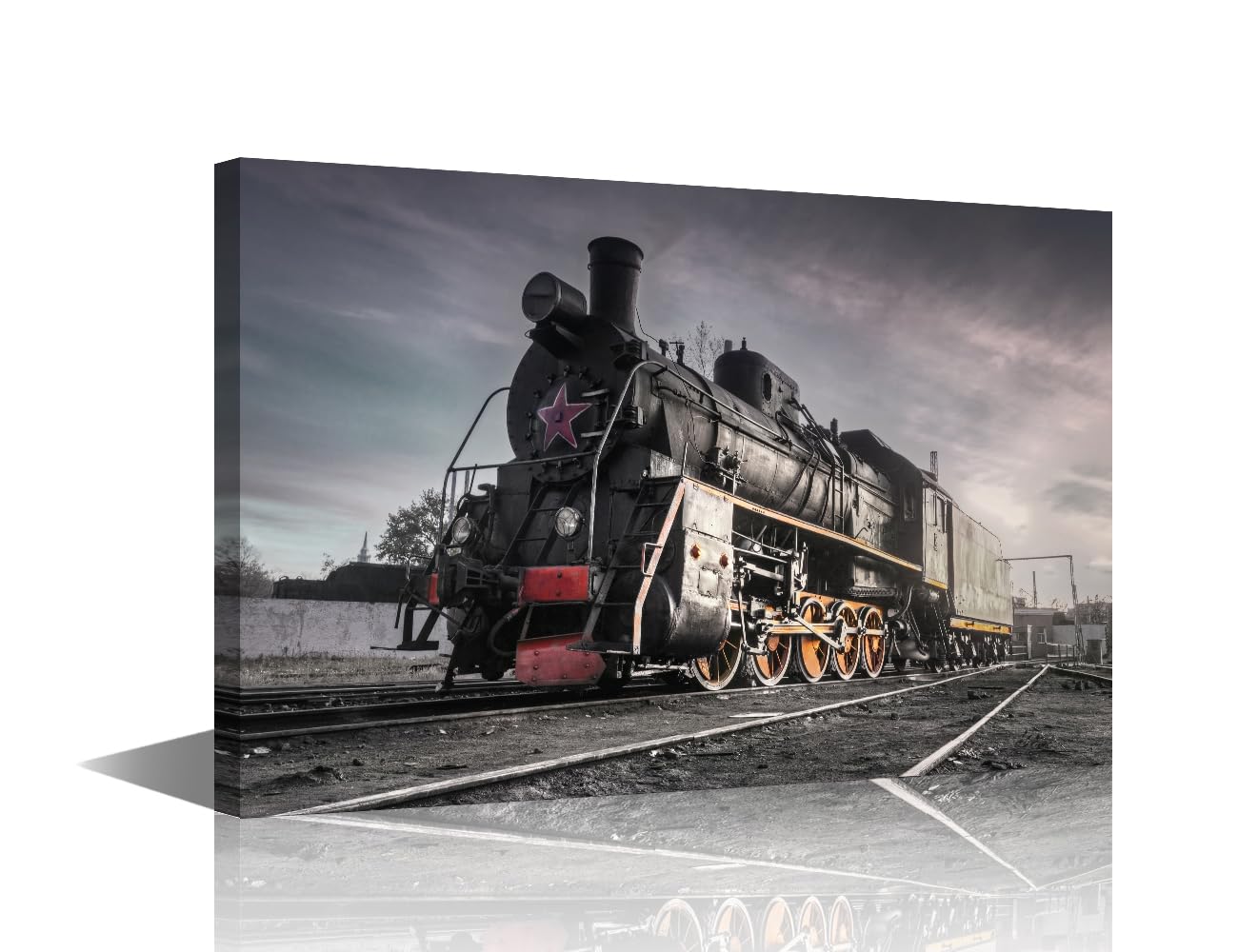 Train Paintings for Wall House Decorations Living Room Modern Canvas Pictures Wall Art Soviet Steam Locomotive Poster Art Collage on Brick Wall Home Decor Artwork Framed Ready to Hang 18x12 in