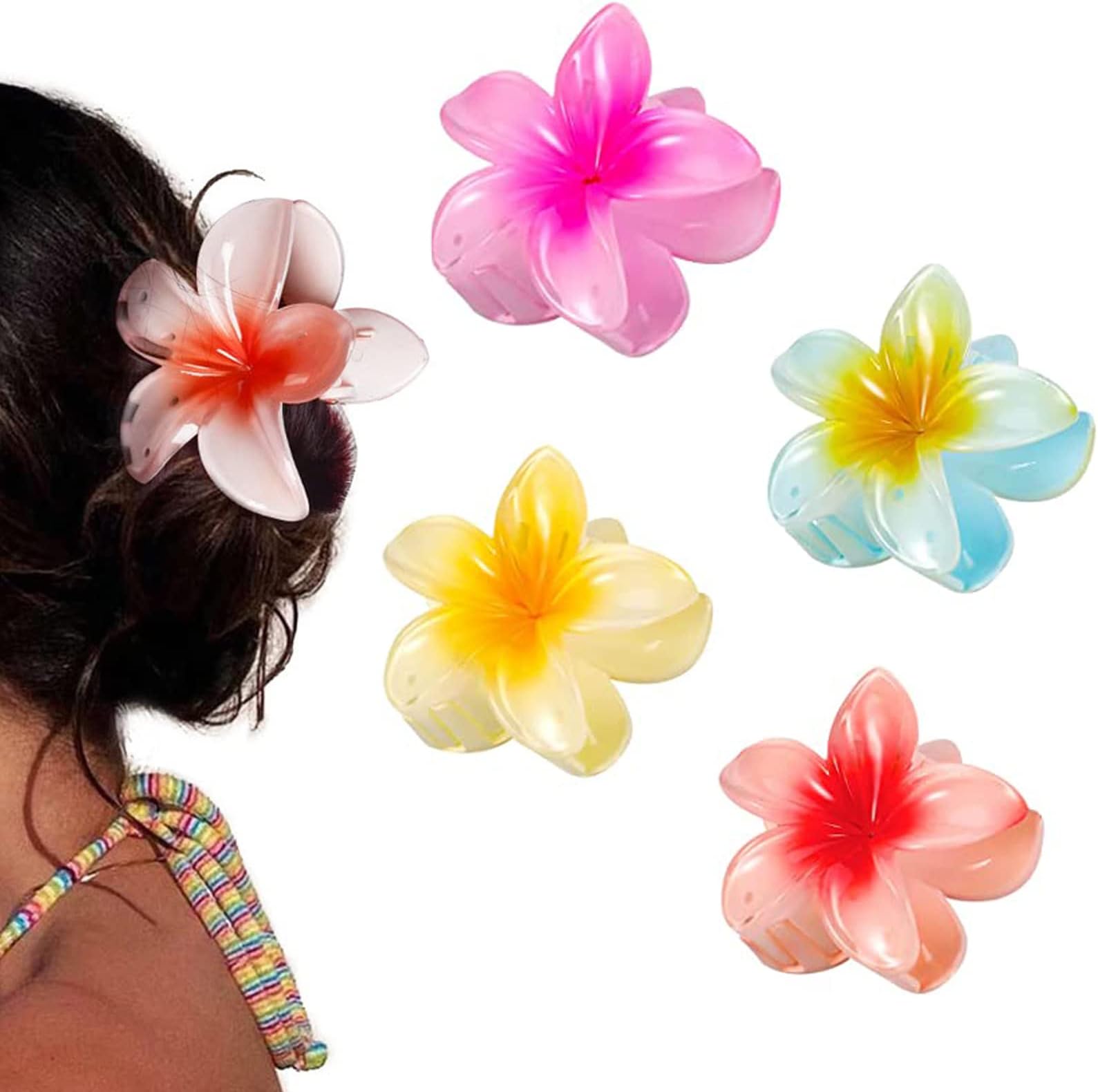 – 4 Pieces Plumeria Flower Hair Claw Clips Acrylic Hair Jaw Clips Hawaiian Hair Claw Clips Jaw Clip Barrettes Strong Hold Hair Jaw Clamps for Women and Girls, Pack of 1