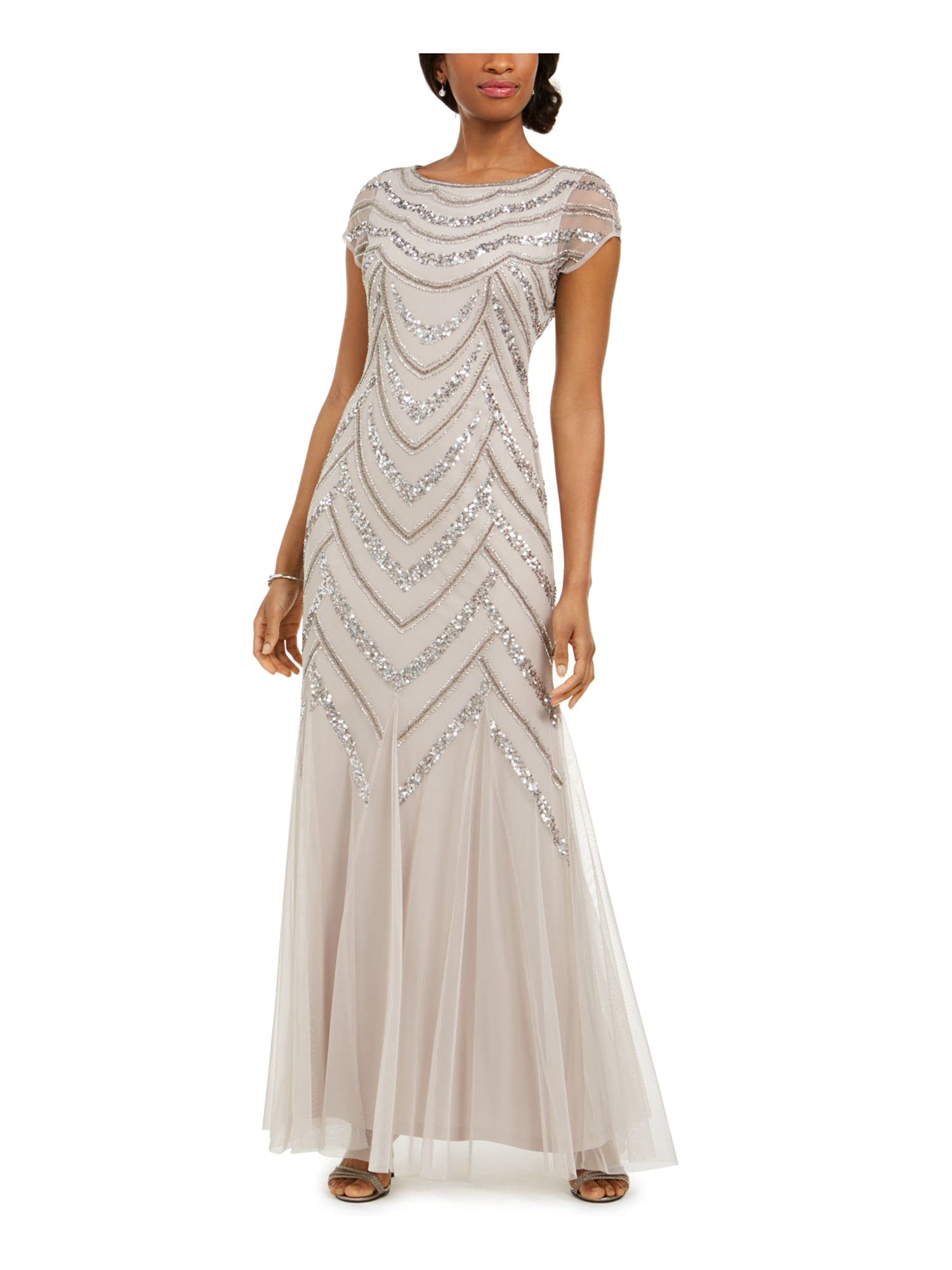 Adrianna Papell Women's Beaded Flutter Blouson Gown, Light Navy/Gunmetal