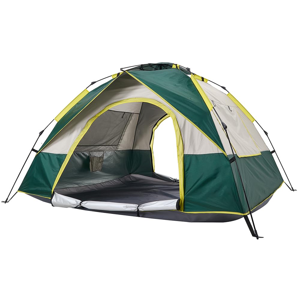 Warmiehomy 3-4 Person Pop Up Tent Automatic, 3 Second Camping Tent With 2 Doors & 2 Mesh Windows, Waterproof & UV Protection Dome Tent With Storage Bag, Outdoor Tent for Camping Backpacking, Green