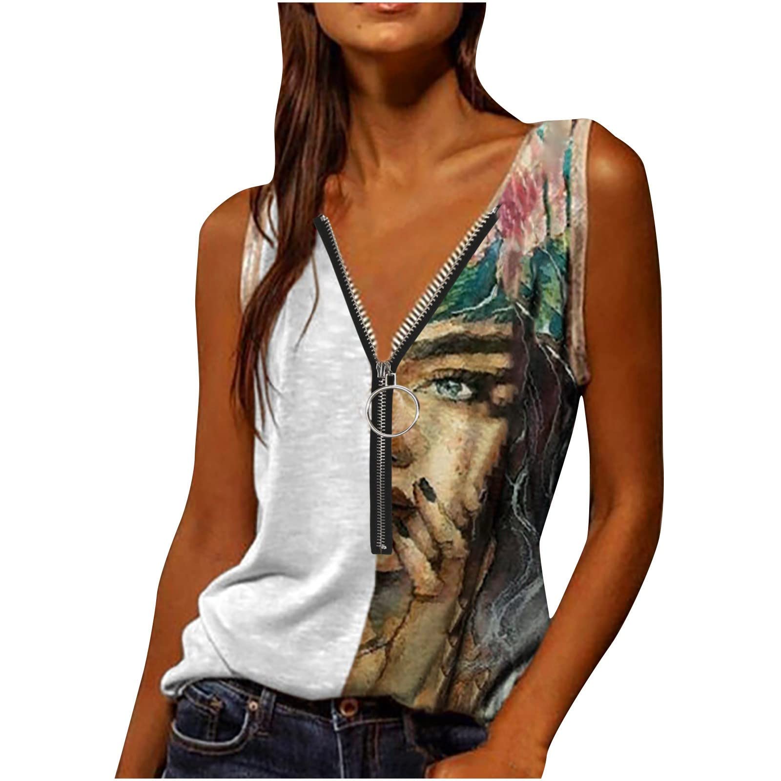 NUSGEAR Camisetas sin Manga Mujer Verano 2023 Moda Impresión Abstracto Camisola Casual Camisetas de Tirantes Cuello en V Cremallera Originales Fiesta Chaleco Tops Slim Fit Shirt tee Camisa