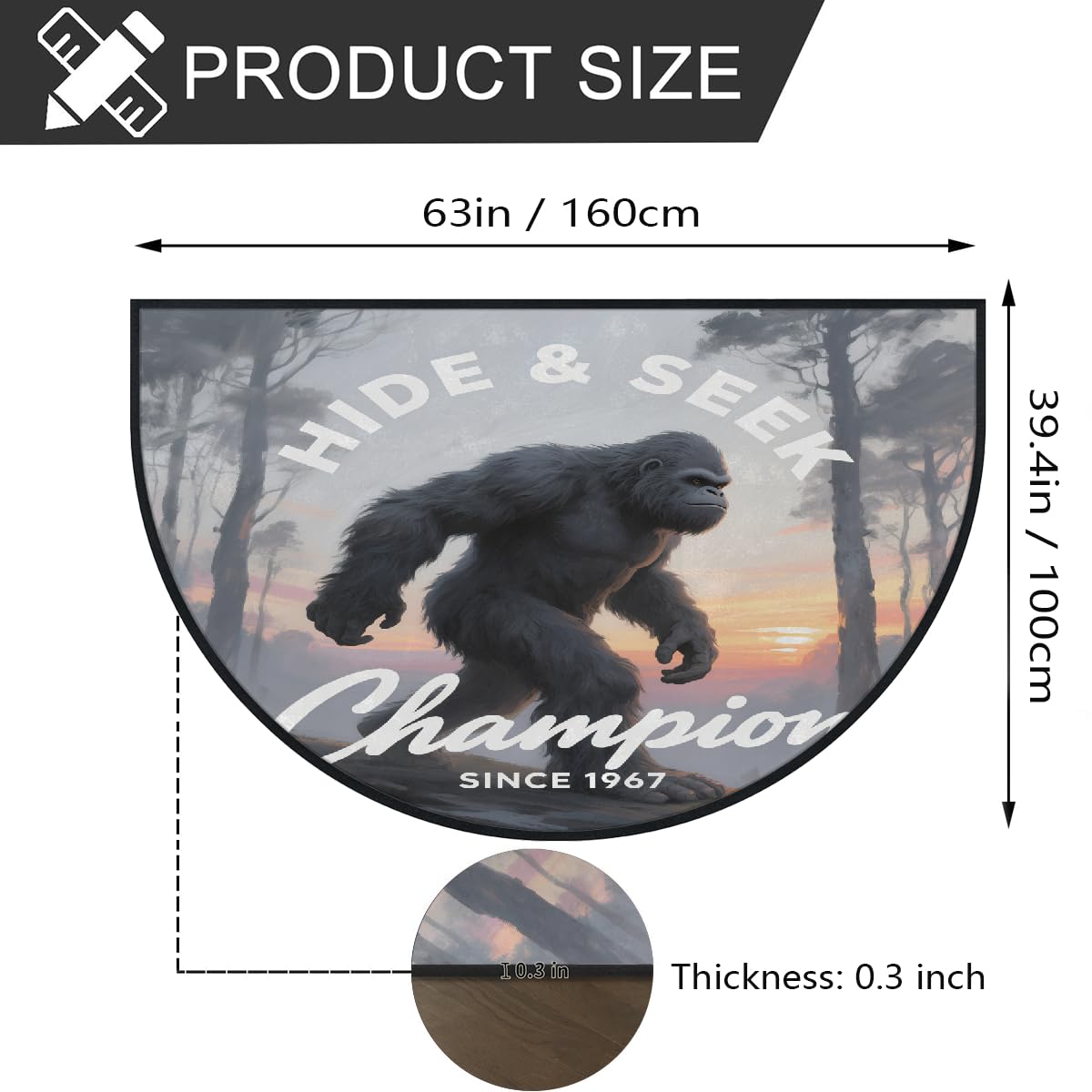 Bigfoot Hide Seek Champion große halbrunde Fußmatte – rutschfest, saugfähig, halbrund, Eingangsbereich, niedlich, weich, halbrund, waschbar, Teppich für Küche, Badezimmer, Schlafzimmer, 160 x