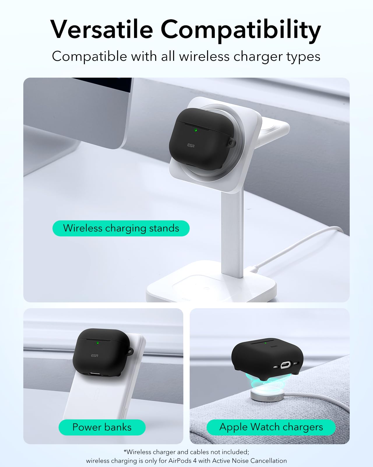 ESR Etui na słuchawki AirPods 4, kompatybilne z AirPods 4. generacji (2024) (USB-C), pokrywa magnetyczna, obsługuje bezprzewodowe ładowanie, etui ochronne z karabińczykiem, seria Cloud, czarne