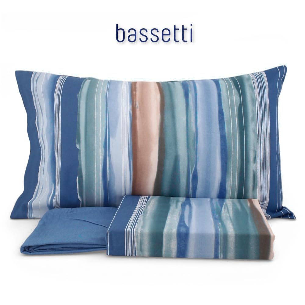 Completo Lenzuolo Matrimoniale Bassetti – 100% Cotone, Misure: Lenzuolo 240x280, Sotto 175x200, 2 Federe 50x80, Flutter Blu