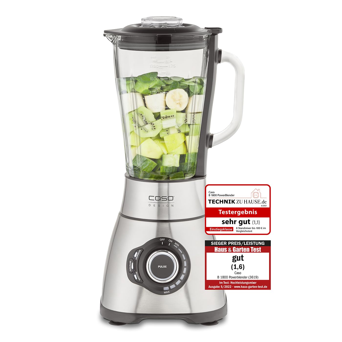 CASO B 1800 blender PowerBlender, blender, idealny do koktajli mlecznych, owsianek dla niemowląt itp., silnik 1800 W, duży dzbanek blendera (1,75 l), obudowa ze stali nierdzewnej, zwycięzca testu w