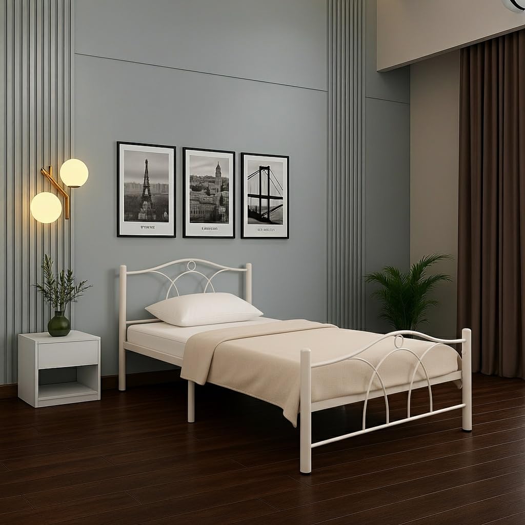 Royal Interiors Alto Metal Extra Single Size Bed Without Storage | Wrought Iron Extra Single Bed with Headboard & Footboard | Sturdy Powder Coated Platform Bed for Bedroom & Living Room Ivory (75x36)-image-17